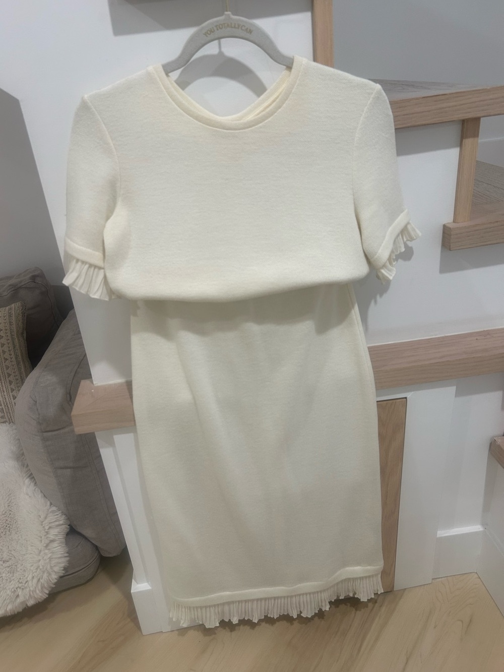 Zara Cream Knit Matching Skirt Set Pleated Trim Co-Ord Size Small